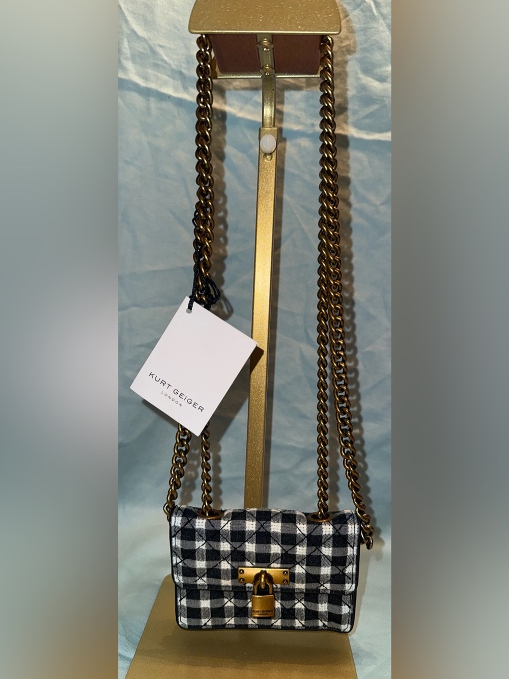 Kurt Geiger NWT Plaid Quilted Black and White Brixton Micro Chain Crossbody